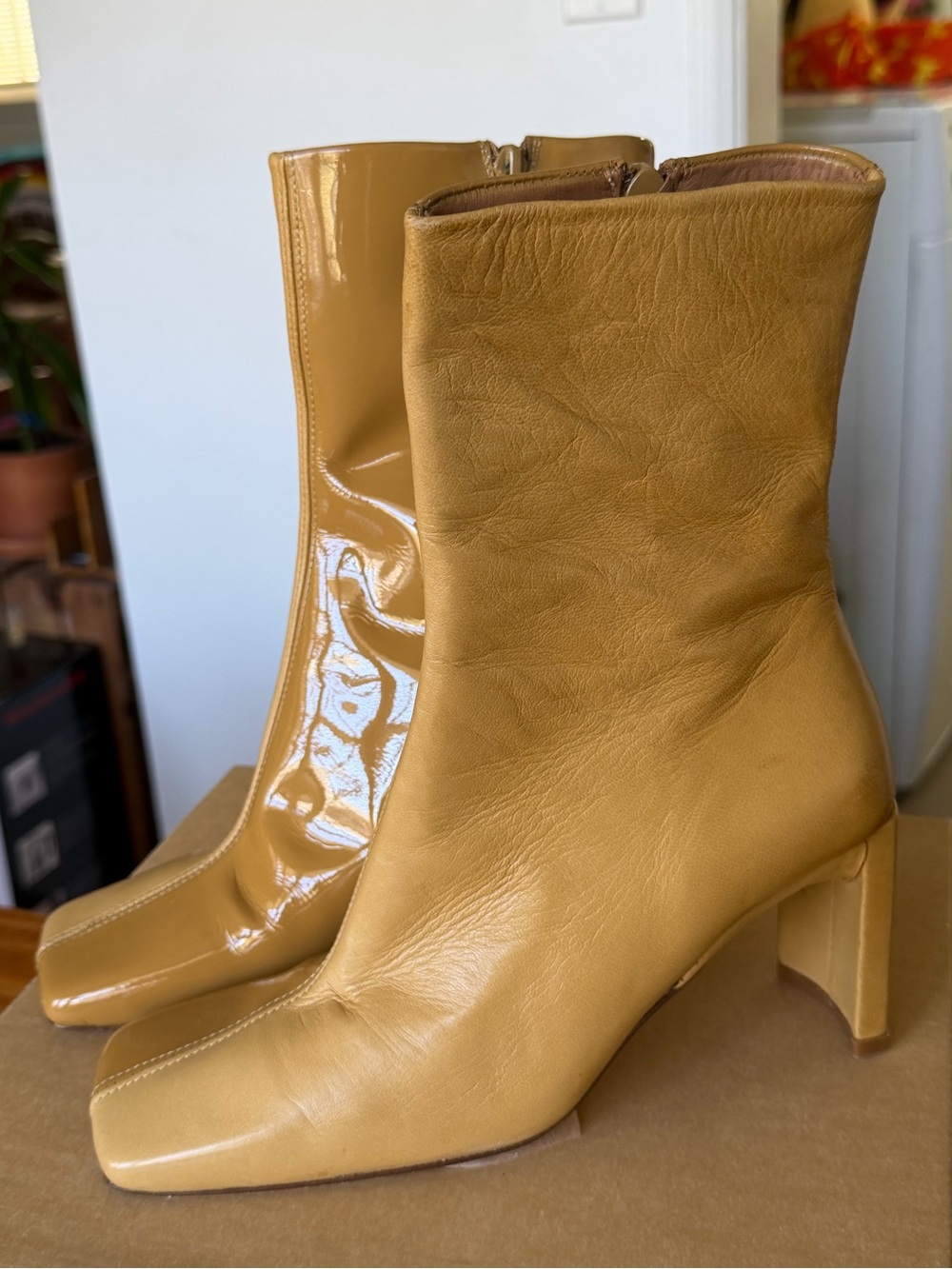 Miista Mustard Leather Mid-Heel Ankle Boots